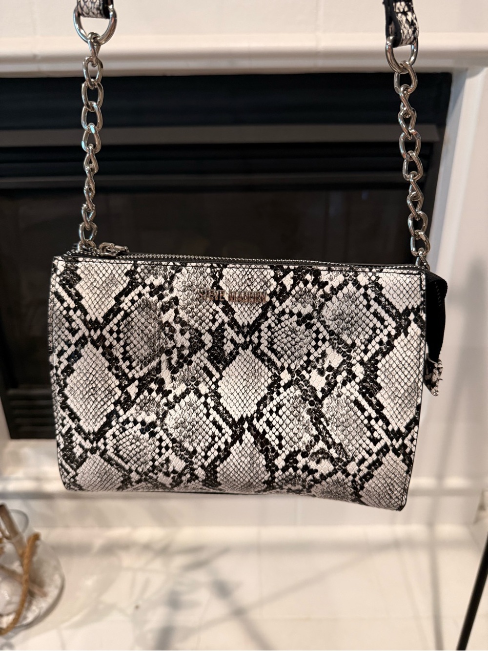 Snake-Print Chain Crossbody Bag - Black & White